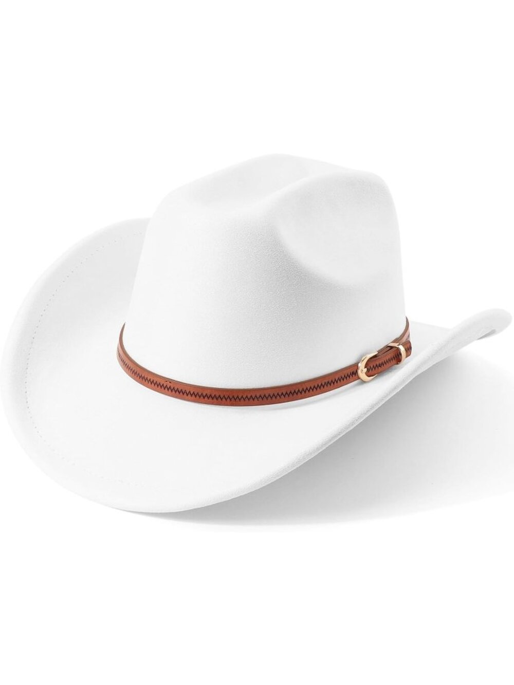 Unisex White Felt Wide Brim Fedora Belt Buckle Retro Western Cowboy Hat